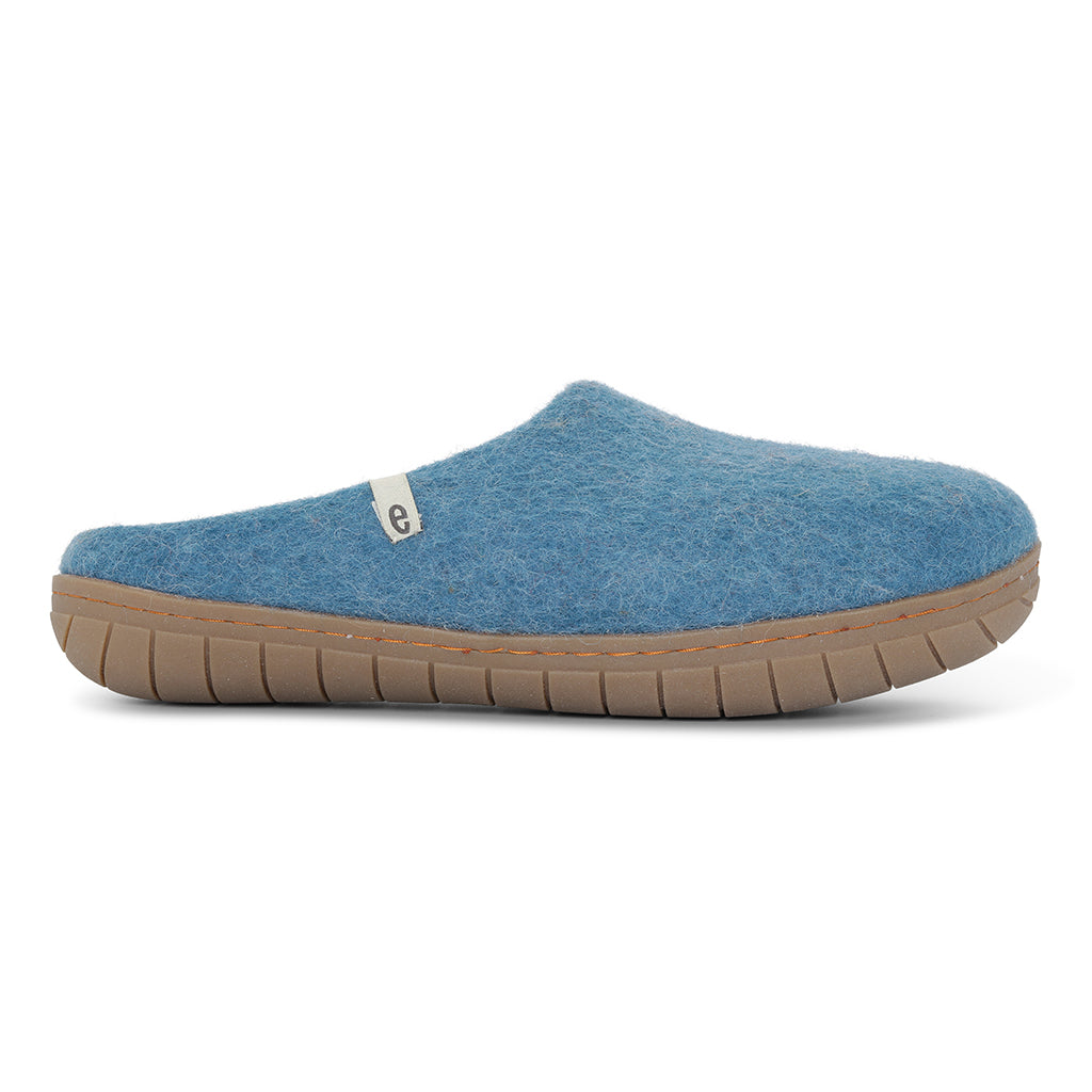 Wool Slippers Blue Rubber Sole Felted Mule Cosy