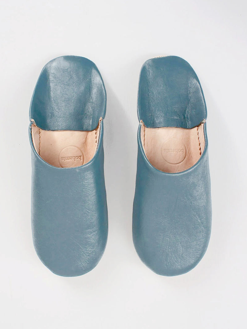 Womens Leather Babouche Slippers Blue Grey