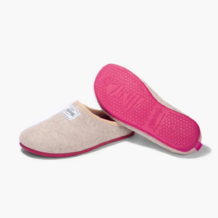 Women's Mercredy Wool Mule Slippers with a Rubber Sole, made from Recycled Plastic Bottles, White upper & Fuchsia sole.