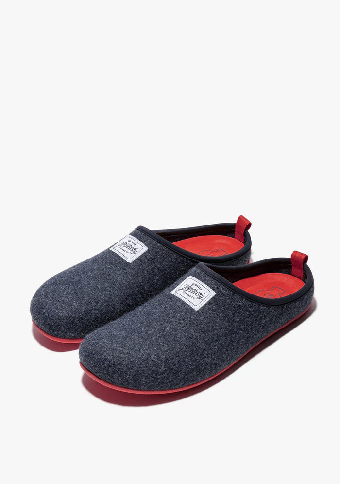 Men's Mercredy Wool Mule Slippers with a Rubber Sole, made from Recycled Plastic Bottles, Navy upper & Red sole.