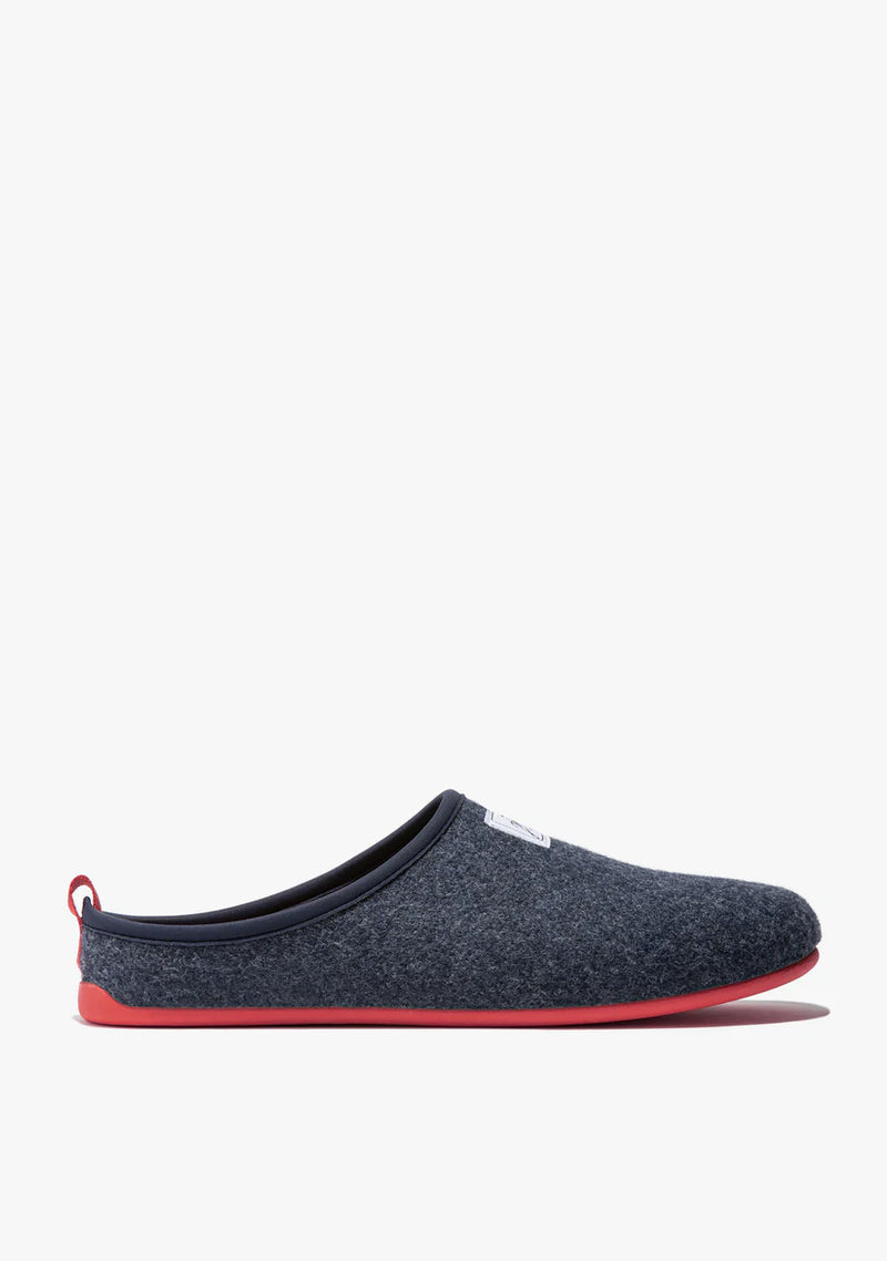 Men's Mercredy Wool Mule Slippers with a Rubber Sole, made from Recycled Plastic Bottles, Navy upper & Red sole.