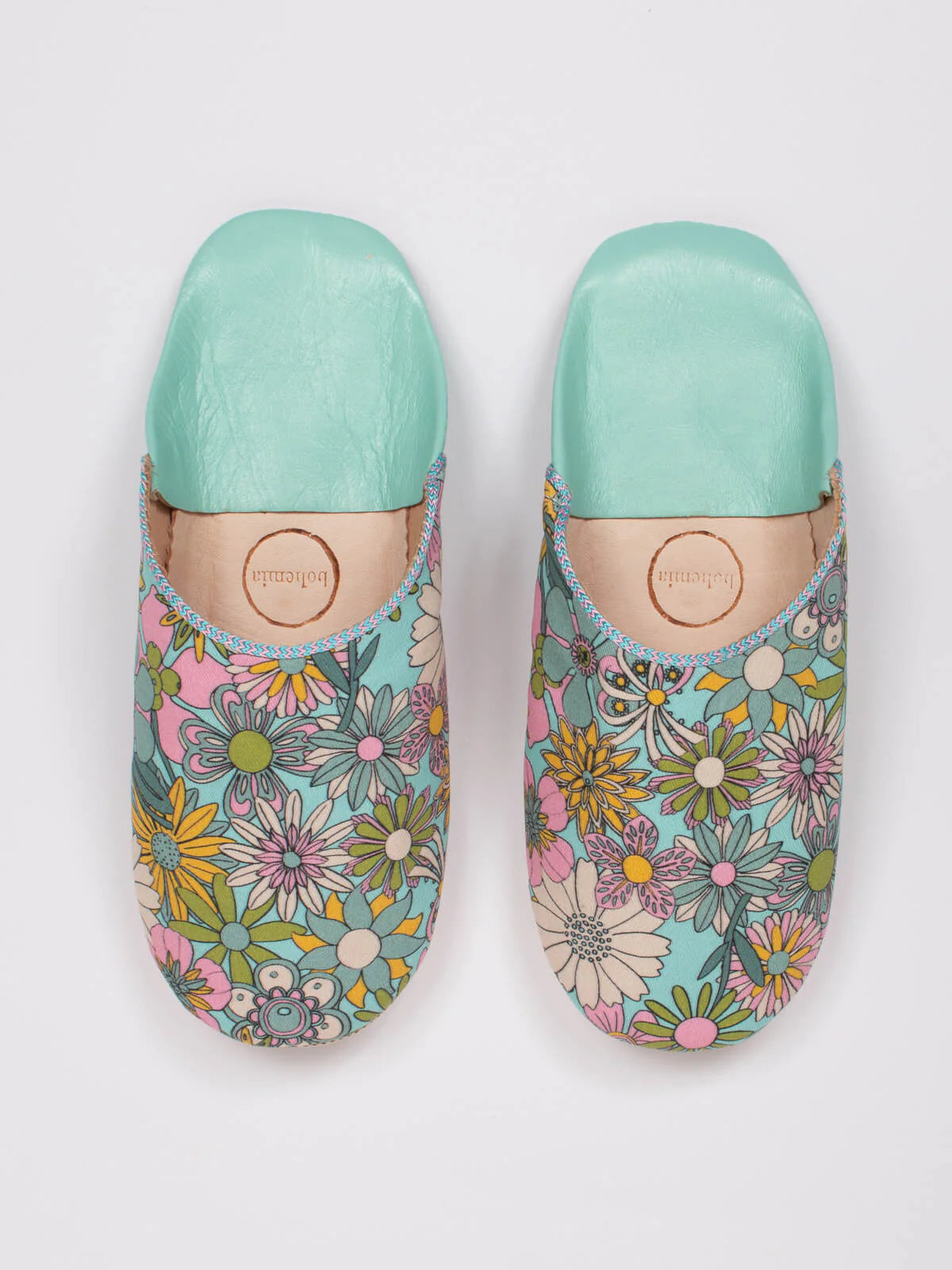 Women's Cotton & Leather Moroccan Babouche Slippers, Comes in a Vintage 70's floral fabric design in Aqua Blue, Orange & Pink.