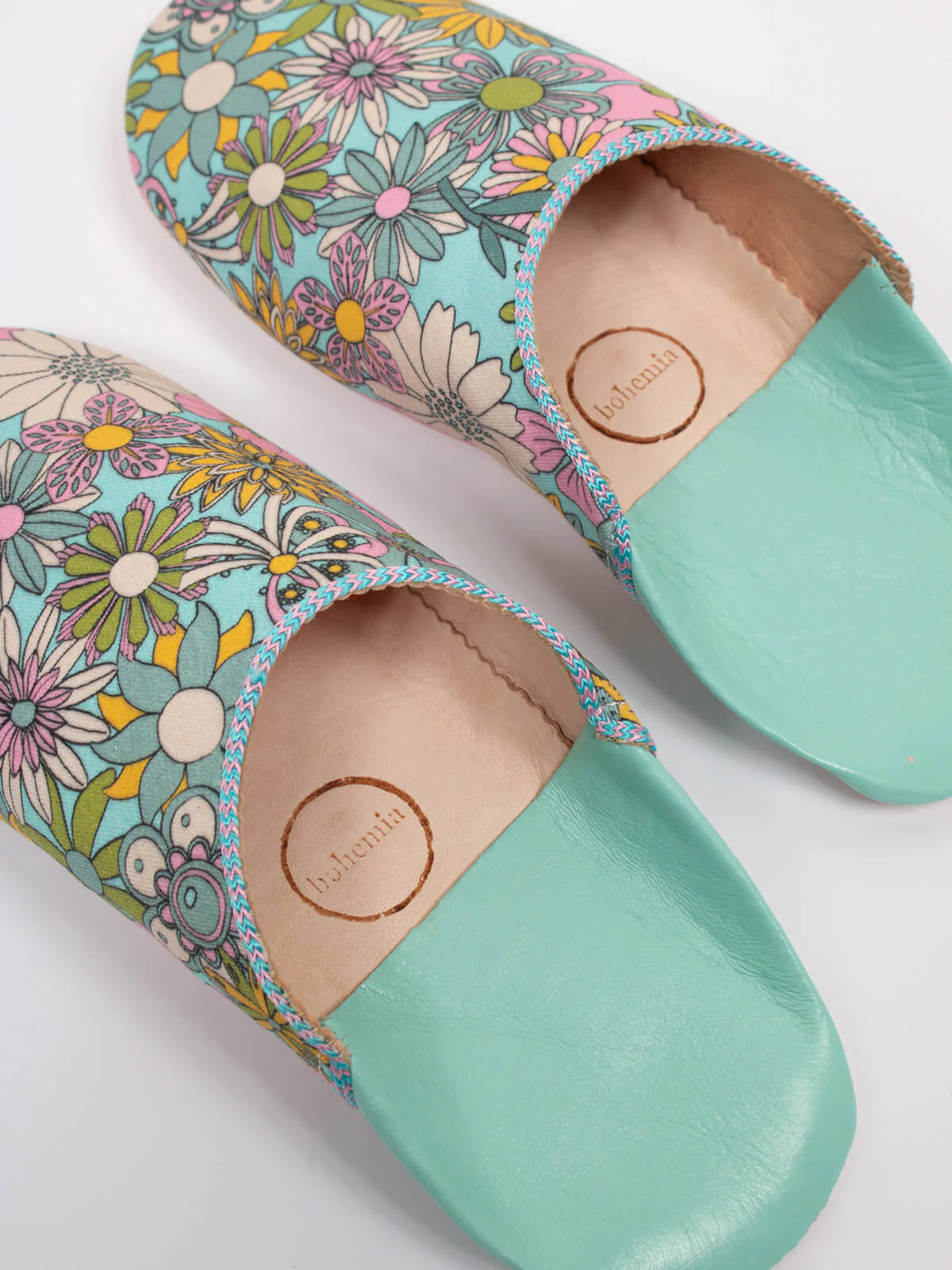 Women's Cotton & Leather Moroccan Babouche Slippers, Comes in a Vintage 70's floral fabric design in Aqua Blue, Orange & Pink.