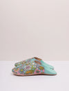 Women's Cotton & Leather Moroccan Babouche Slippers, Comes in a Vintage 70's floral fabric design in Aqua Blue, Orange & Pink.
