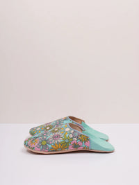 Women's Cotton & Leather Moroccan Babouche Slippers, Comes in a Vintage 70's floral fabric design in Aqua Blue, Orange & Pink.