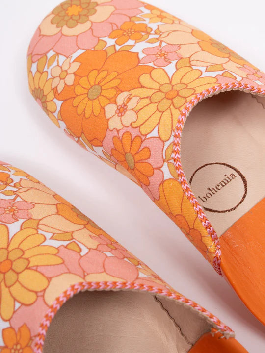 Women's Cotton & Leather Moroccan Babouche Slippers, Comes in a Vintage 70's floral fabric design in Orange, Yellow & Pink.