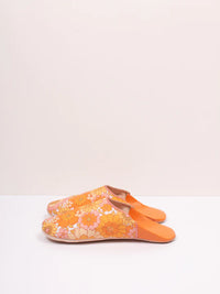Women's Cotton & Leather Moroccan Babouche Slippers, Comes in a Vintage 70's floral fabric design in Orange, Yellow & Pink.