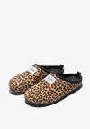 Women's Mercredy Wool Mule Slippers with a Rubber Sole, made from Recycled Plastic Bottles, Leopard Print Upper upper.