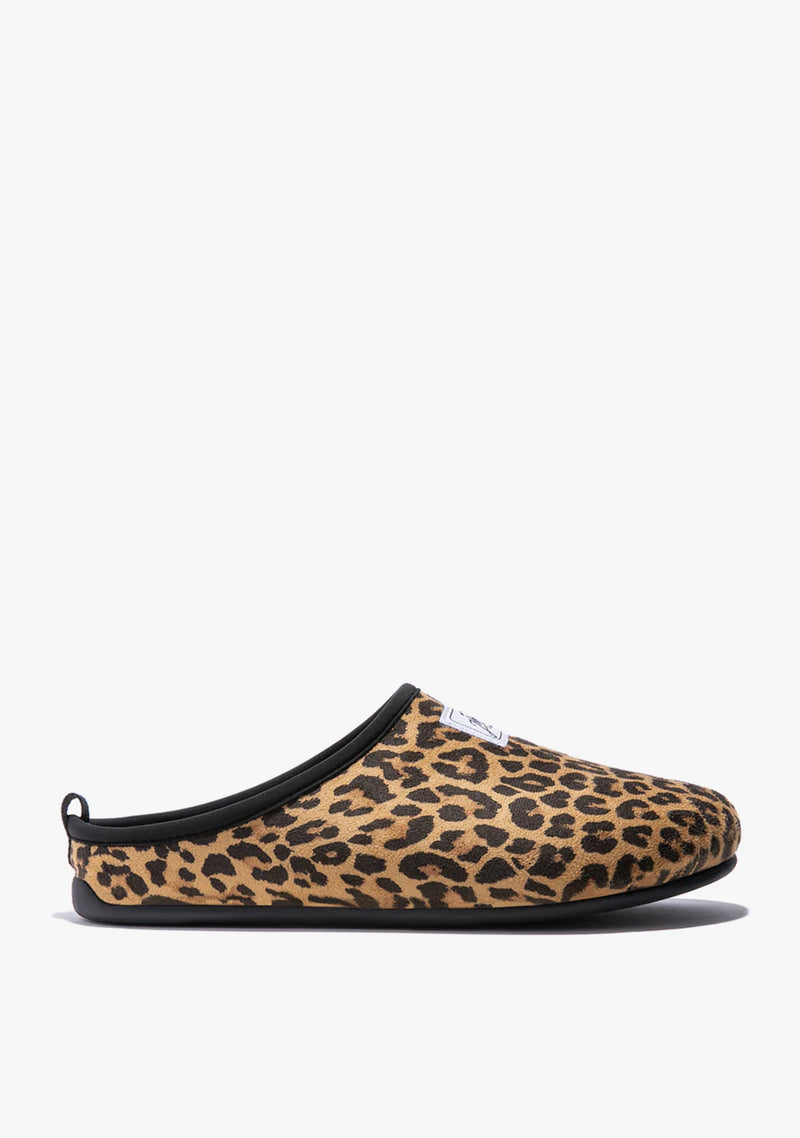 Women's Mercredy Wool Mule Slippers with a Rubber Sole, made from Recycled Plastic Bottles, Leopard Print Upper upper.