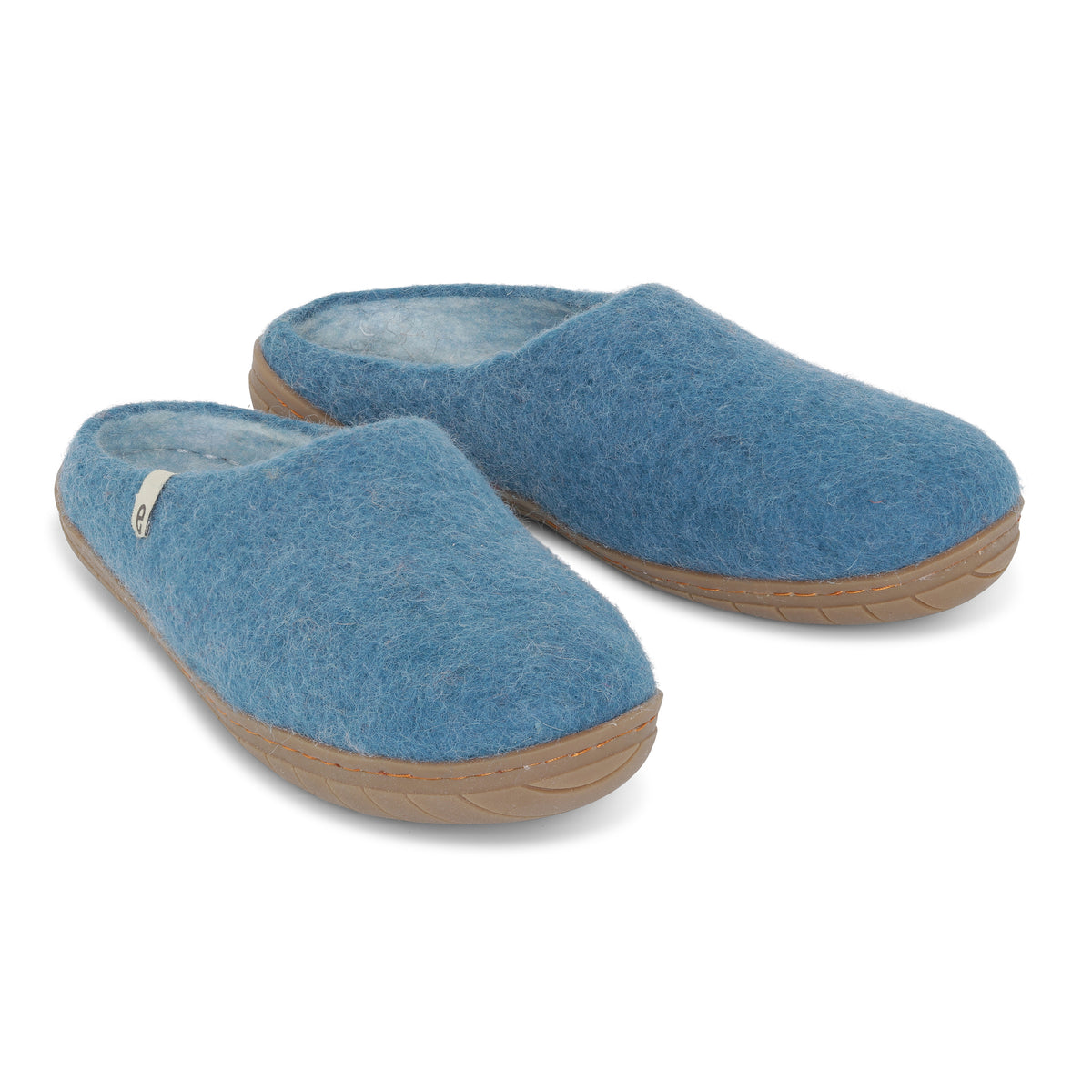 Felted Wool Mule Slippers in Blue with a Natural Rubber Sole