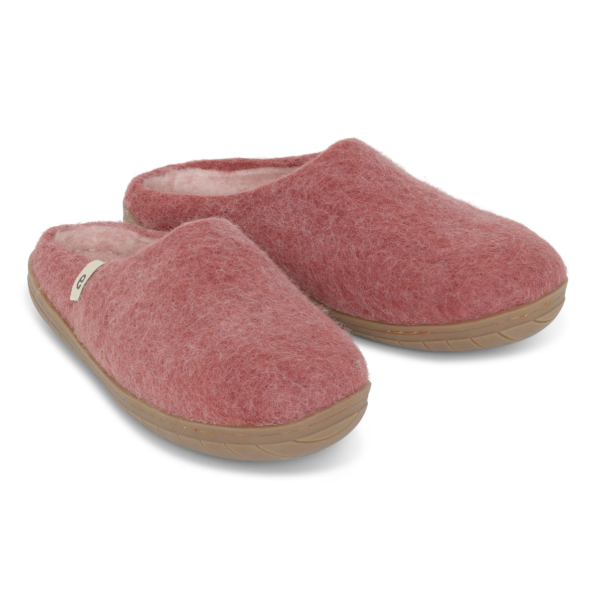 Felted Wool Mule Slippers in a Rose Pink Colour with a Natural Rubber Sole