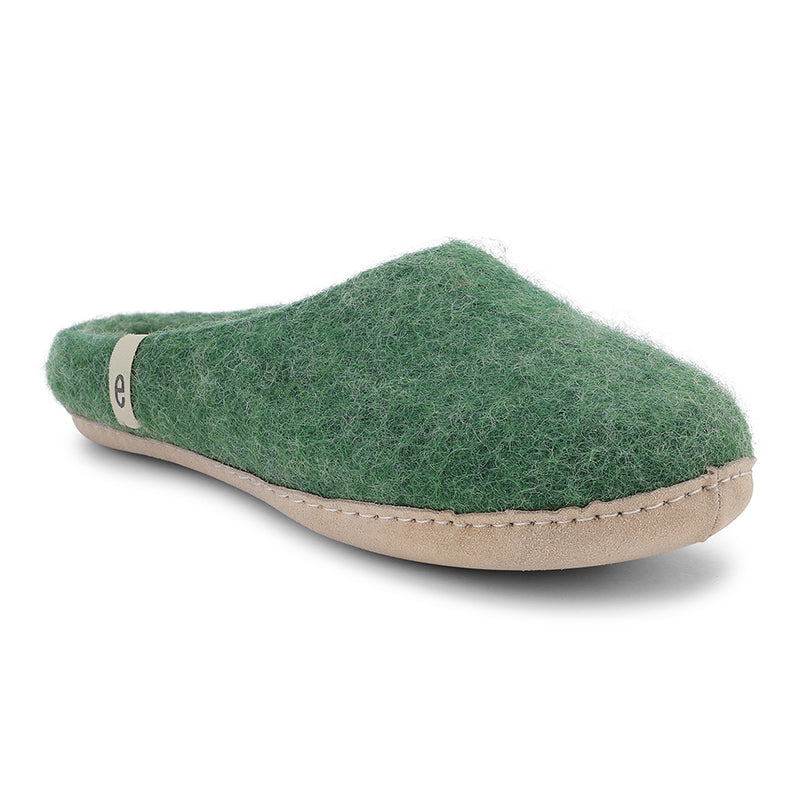 Green Slippers in Felted Wool Fabric in a Mule Style