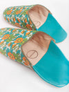 Women's Cotton & Leather Moroccan Babouche Slippers, Comes in a Vintage 70's floral fabric design in Aqua Blue, White and Orange.