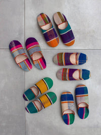 Women's Moroccan Vintage Fabric Babouche Slippers in Multi Stripe Colourway