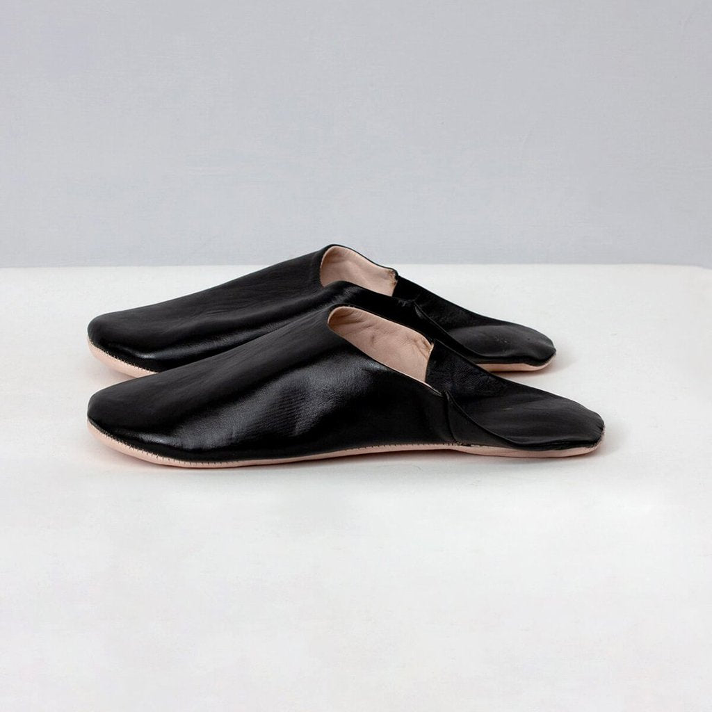 Mens Moroccan Leather Babouche Basic Slippers Black