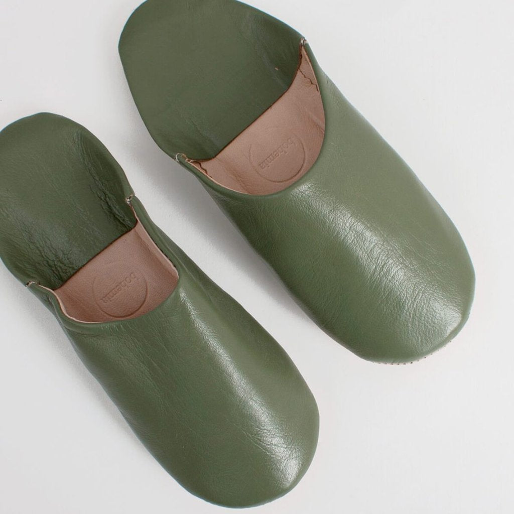 Men's Moroccan Leather Slippers in an Olive Colour