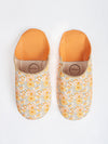 Women's Cotton & Leather Moroccan Babouche Slippers, Comes in a Vintage 70's floral fabric design in Baby Blue, Orange & Yellow.