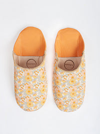 Women's Cotton & Leather Moroccan Babouche Slippers, Comes in a Vintage 70's floral fabric design in Baby Blue, Orange & Yellow.