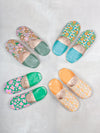 Women's Cotton & Leather Moroccan Babouche Slippers, Comes in a Vintage 70's floral fabric design in Baby Blue, Orange & Yellow.