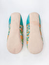 Women's Cotton & Leather Moroccan Babouche Slippers, Comes in a Vintage 70's floral fabric design in Aqua Blue, White and Orange.