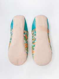 Women's Cotton & Leather Moroccan Babouche Slippers, Comes in a Vintage 70's floral fabric design in Aqua Blue, White and Orange.