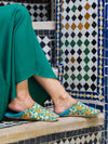 Women's Cotton & Leather Moroccan Babouche Slippers, Comes in a Vintage 70's floral fabric design in Aqua Blue, White and Orange.