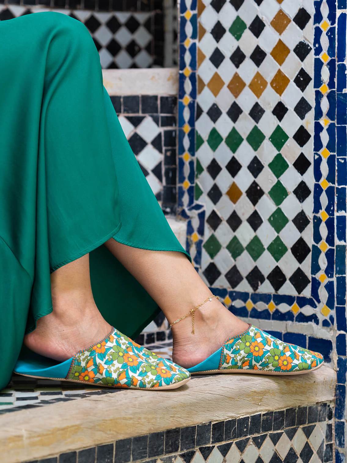 Women's Cotton & Leather Moroccan Babouche Slippers, Comes in a Vintage 70's floral fabric design in Aqua Blue, White and Orange.