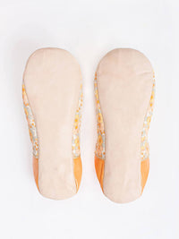 Women's Cotton & Leather Moroccan Babouche Slippers, Comes in a Vintage 70's floral fabric design in Baby Blue, Orange & Yellow.