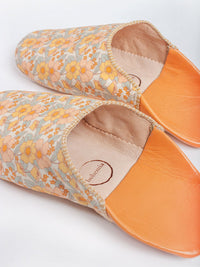 Women's Cotton & Leather Moroccan Babouche Slippers, Comes in a Vintage 70's floral fabric design in Baby Blue, Orange & Yellow.
