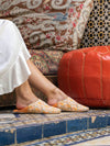 Women's Cotton & Leather Moroccan Babouche Slippers, Comes in a Vintage 70's floral fabric design in Baby Blue, Orange & Yellow.