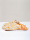 Women's Cotton & Leather Moroccan Babouche Slippers, Comes in a Vintage 70's floral fabric design in Baby Blue, Orange & Yellow.