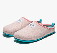 Women's Mercredy Wool Mule Slippers with a Rubber Sole, made from Recycled Plastic Bottles, Pink upper & Turquoise sole.