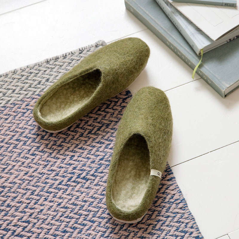 Wool Slippers Green Felted Mule Cosy