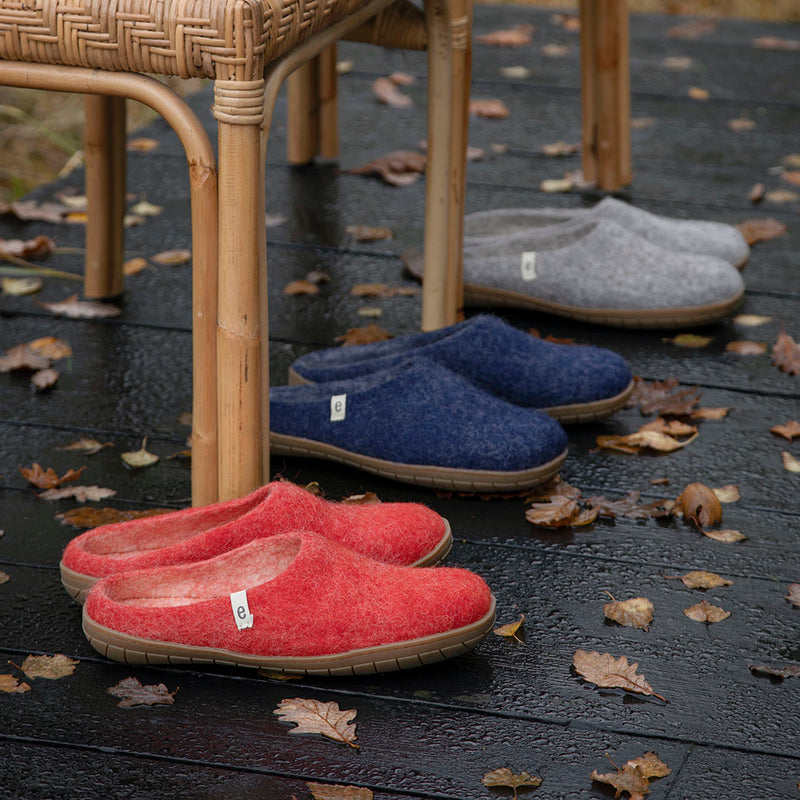 Felted Wool Mule Slippers with a Red Coloured upper and Natural Rubber Sole 