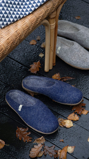 Wool Slippers Rubber Sole Blue Felted Mule Cosy