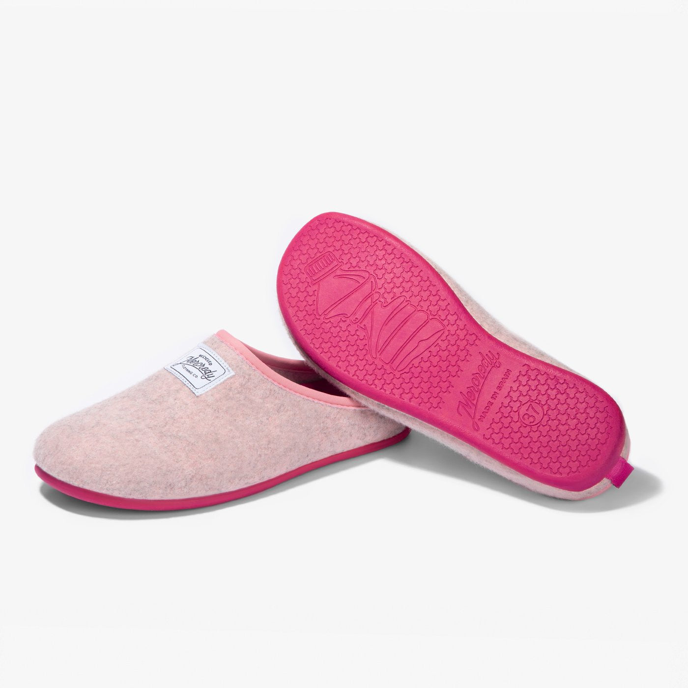 Women's Mercredy Wool Slippers with a Rubber Sole, made from Recycled Plastic Bottles, Pink upper & Fuchsia sole.
