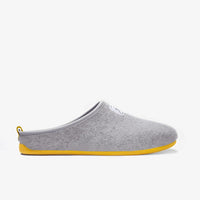 Women's Mercredy Wool Slippers with a Rubber Sole, made from Recycled Plastic Bottles, Grey upper & Yellow sole.