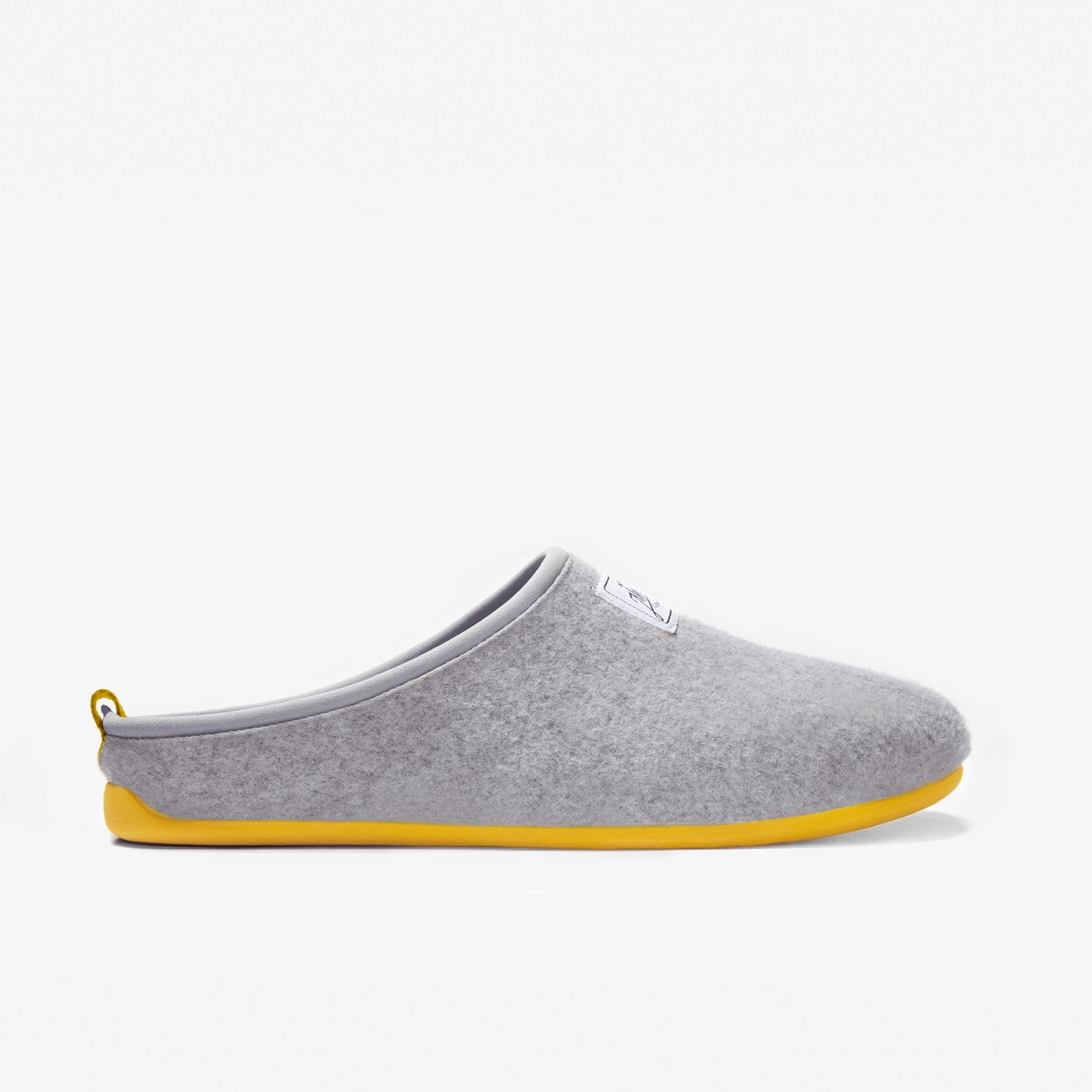 Women's Mercredy Wool Slippers with a Rubber Sole, made from Recycled Plastic Bottles, Grey upper & Yellow sole.