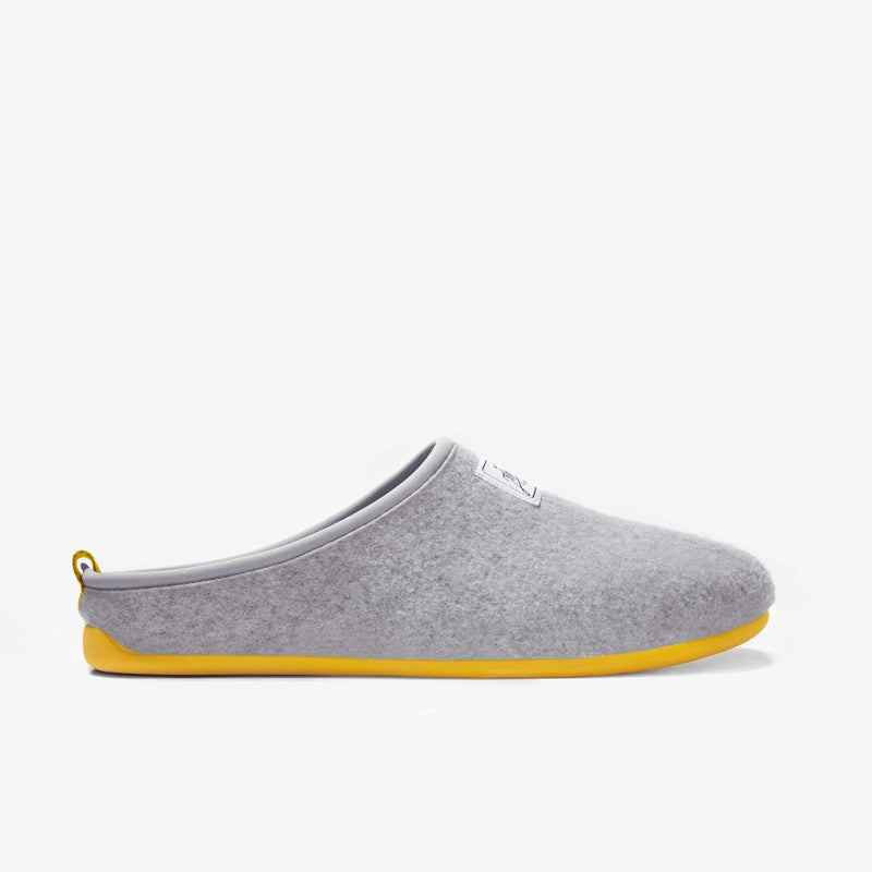 Women's Mercredy Wool Slippers with a Rubber Sole, made from Recycled Plastic Bottles, Grey upper & Yellow sole.