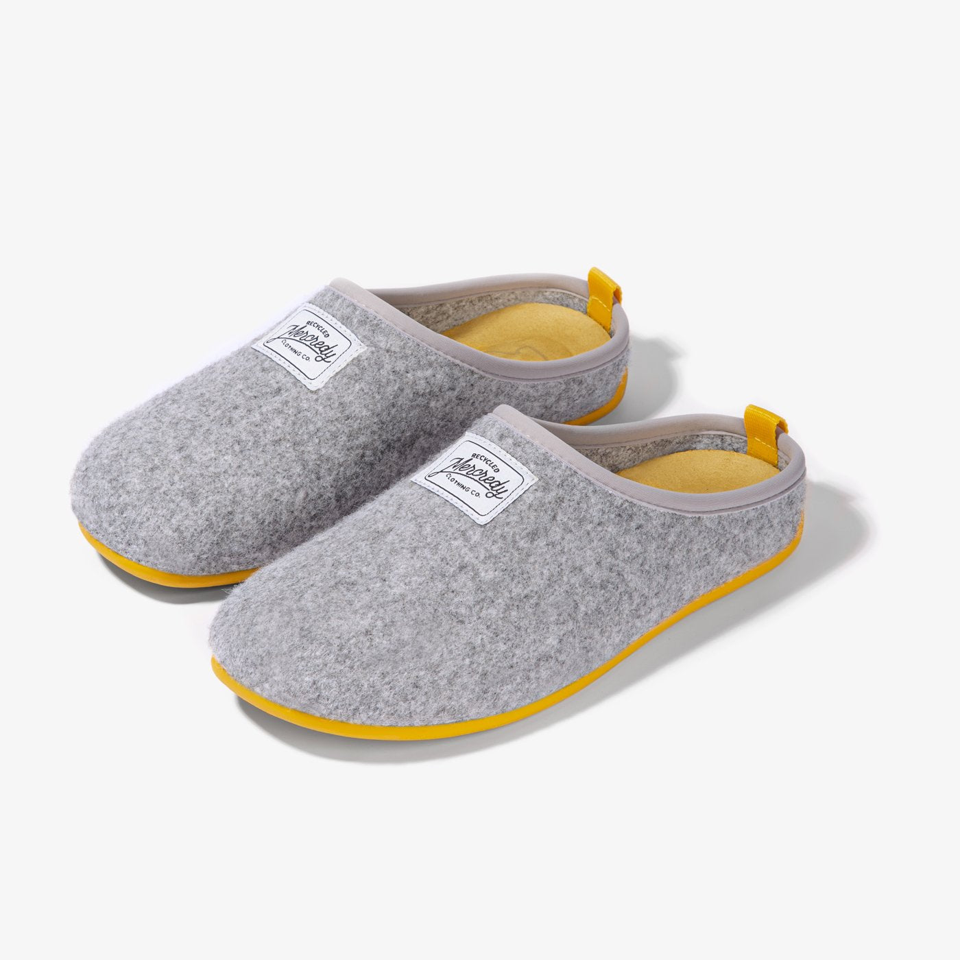 Women's Mercredy Wool Slippers with a Rubber Sole, made from Recycled Plastic Bottles, Grey upper & Yellow sole.