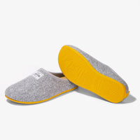 Women's Mercredy Wool Slippers with a Rubber Sole, made from Recycled Plastic Bottles, Grey upper & Yellow sole.