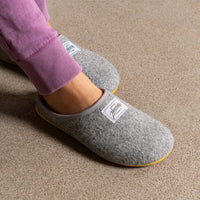 Women's Mercredy Wool Slippers with a Rubber Sole, made from Recycled Plastic Bottles, Grey upper & Yellow sole.