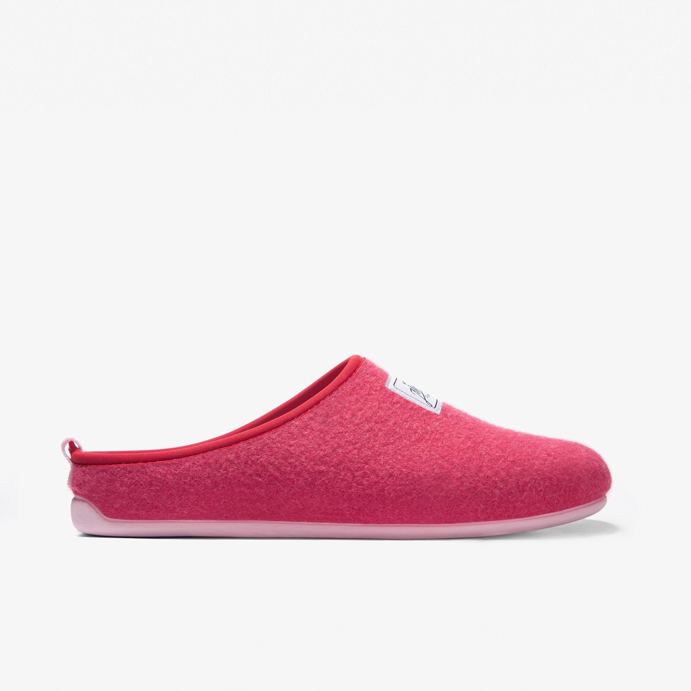 Women's Mercredy Wool Slippers with a Rubber Sole, made from Recycled Plastic Bottles, Red upper & Pink sole.