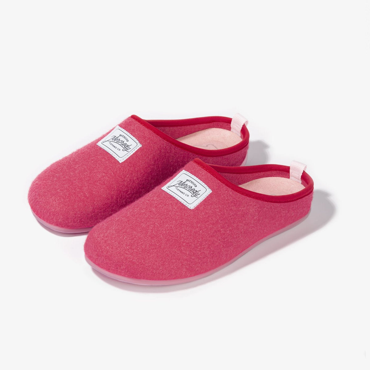 Women's Mercredy Wool Slippers with a Rubber Sole, made from Recycled Plastic Bottles, Red upper & Pink sole.
