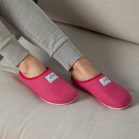 Women's Mercredy Wool Slippers with a Rubber Sole, made from Recycled Plastic Bottles, Red upper & Pink sole.