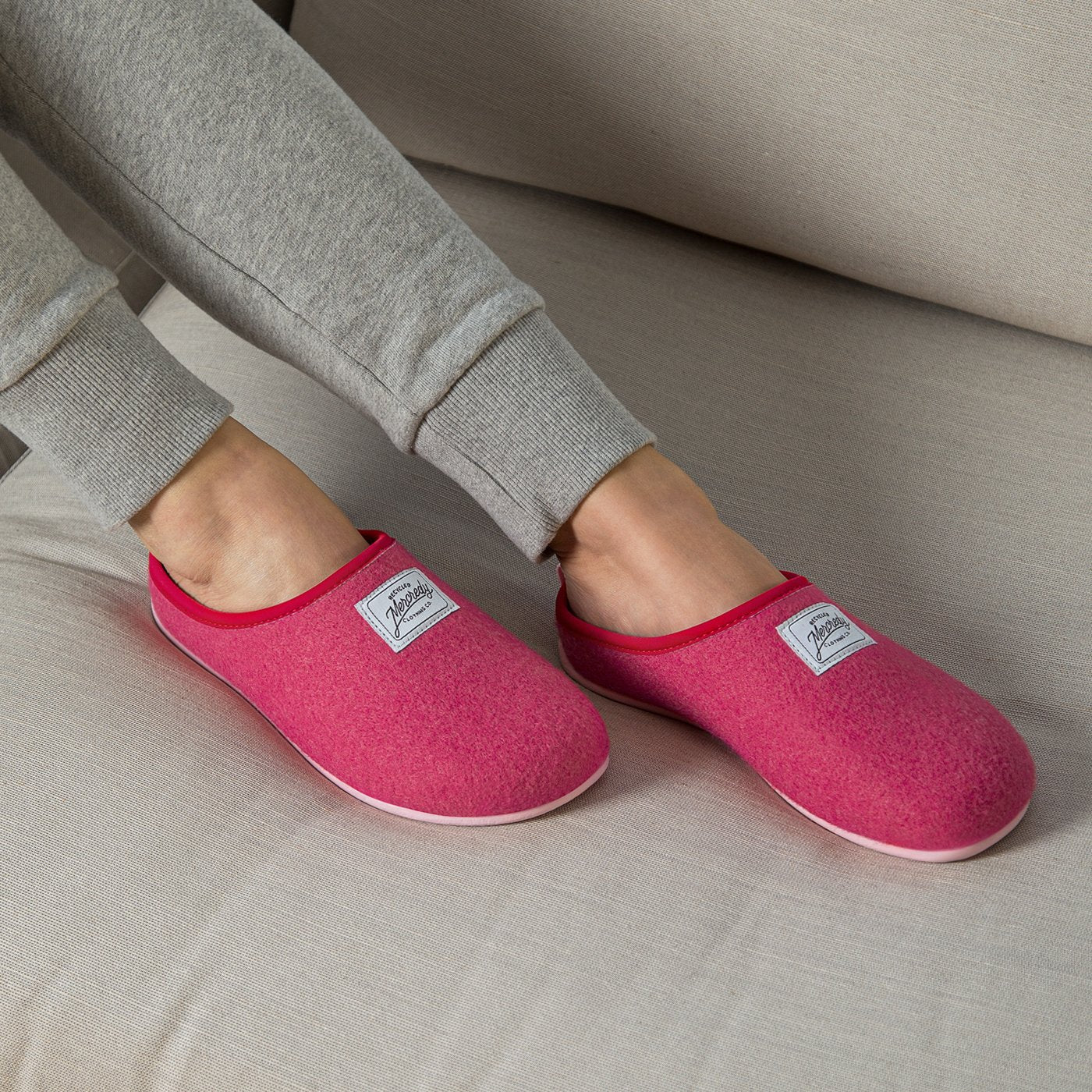 Women's Mercredy Wool Slippers with a Rubber Sole, made from Recycled Plastic Bottles, Red upper & Pink sole.