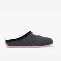 Women's Mercredy Wool Slippers with a Rubber Sole, made from Recycled Plastic Bottles, Black upper & Pink sole.