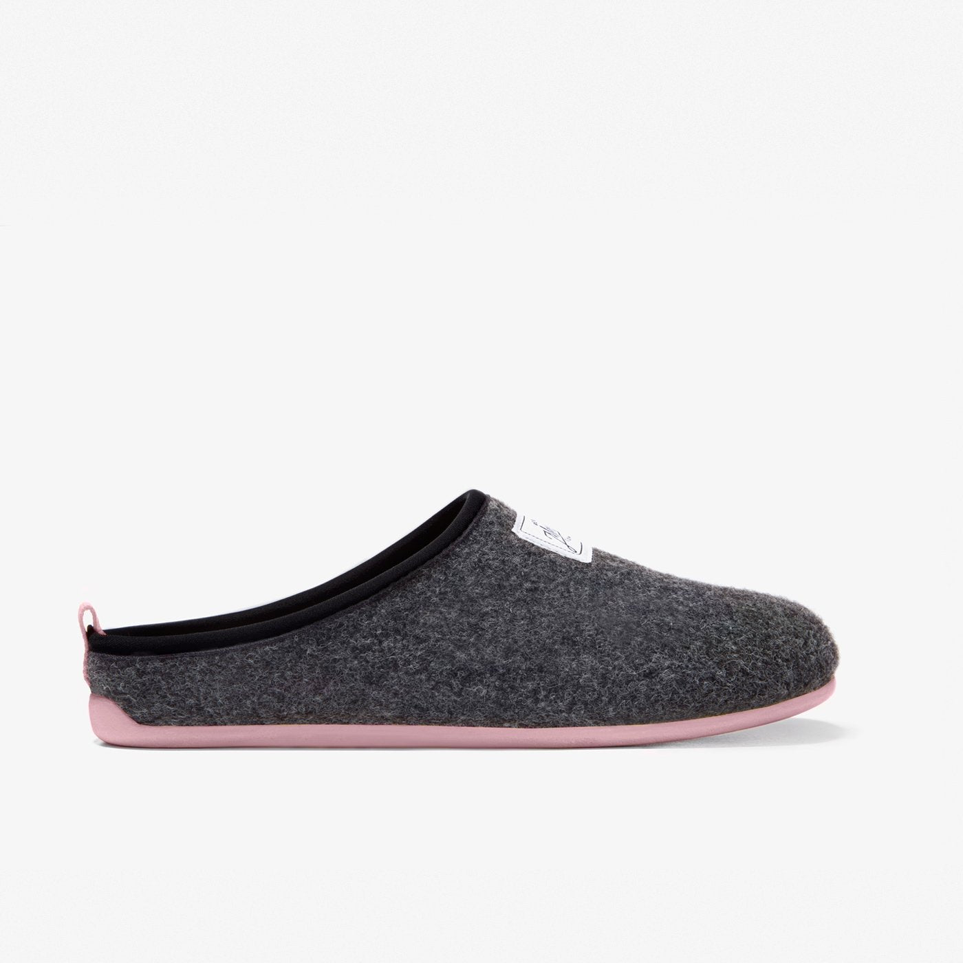 Women's Mercredy Wool Slippers with a Rubber Sole, made from Recycled Plastic Bottles, Black upper & Pink sole.