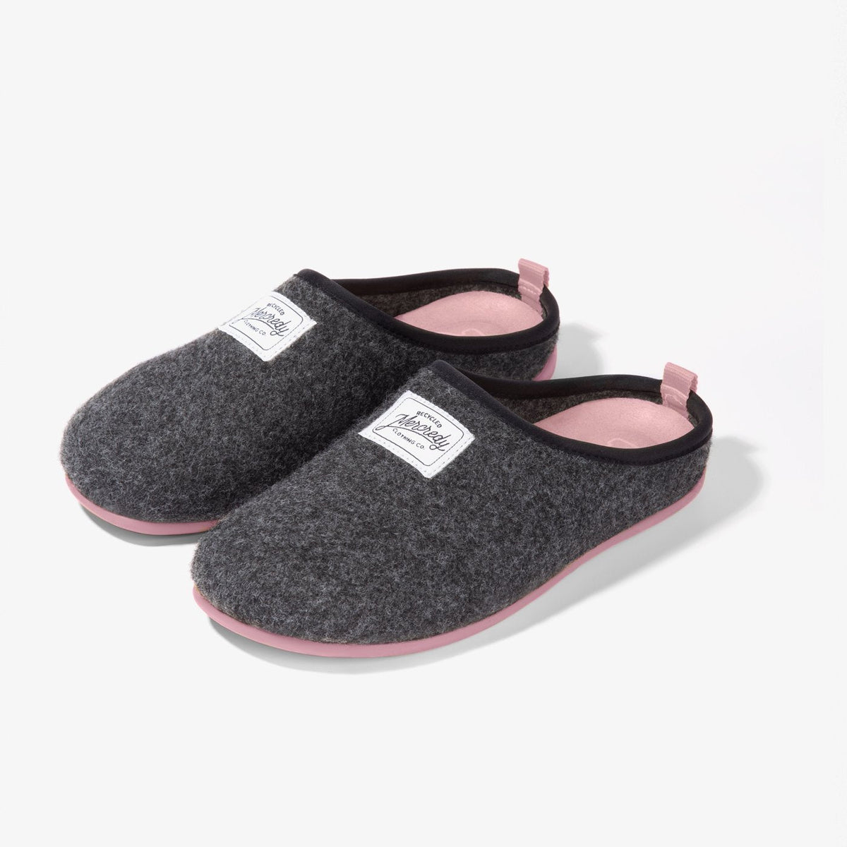 Women's Mercredy Wool Slippers with a Rubber Sole, made from Recycled Plastic Bottles, Black upper & Pink sole.