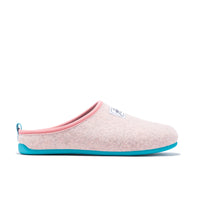 Women's Mercredy Wool Mule Slippers with a Rubber Sole, made from Recycled Plastic Bottles, Pink upper & Turquoise sole.